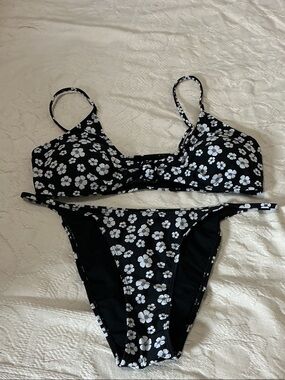Black Floral Two-Piece Bikini Set - White Flower Print